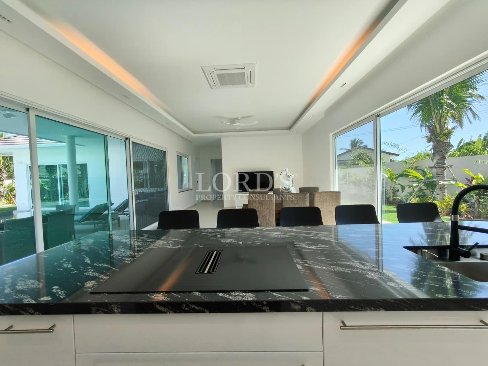 Modern kitchen with large windows