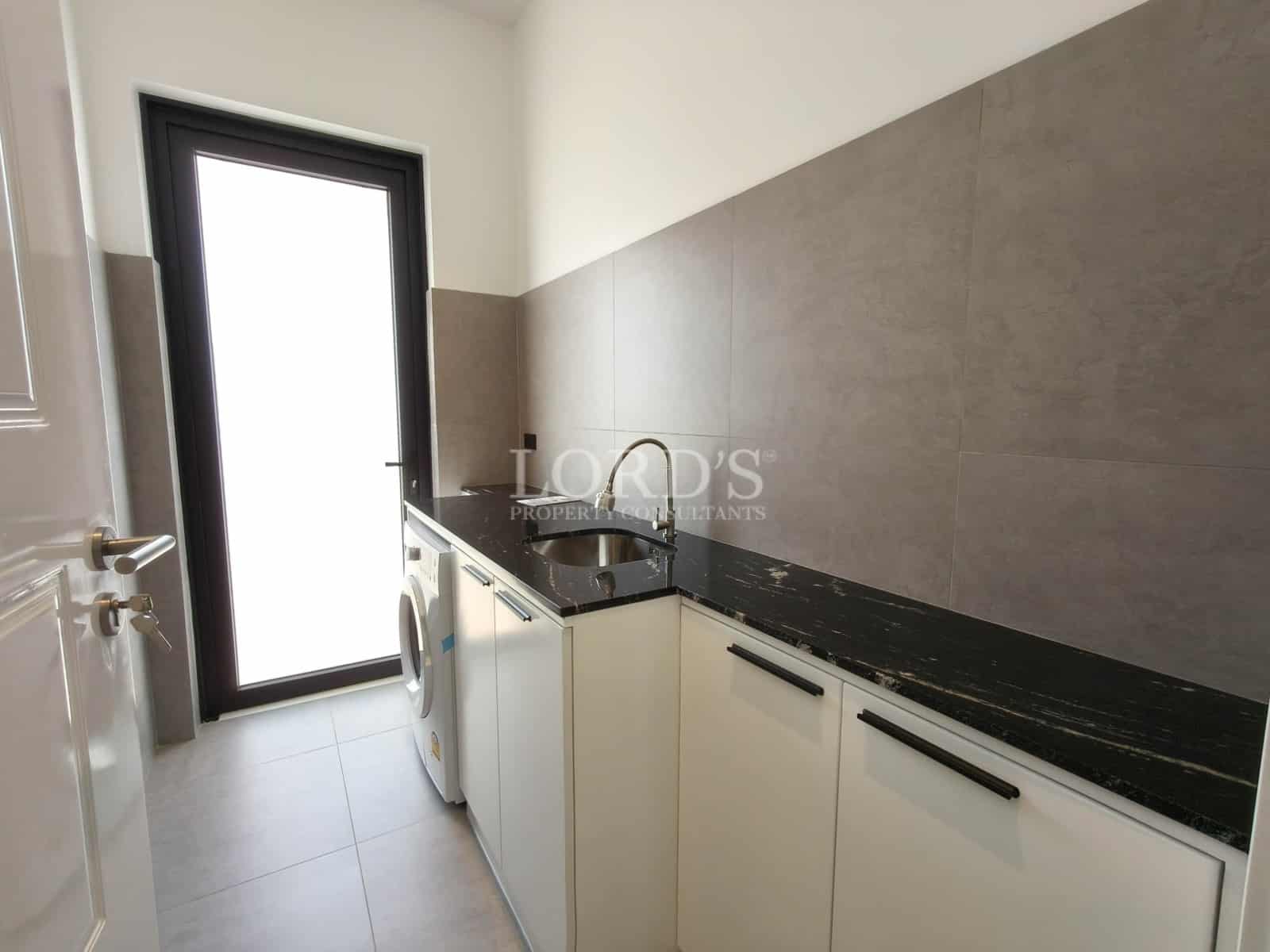 Modern utility room with sink, countertop, storage cabinets, washing machine, and outdoor access door.