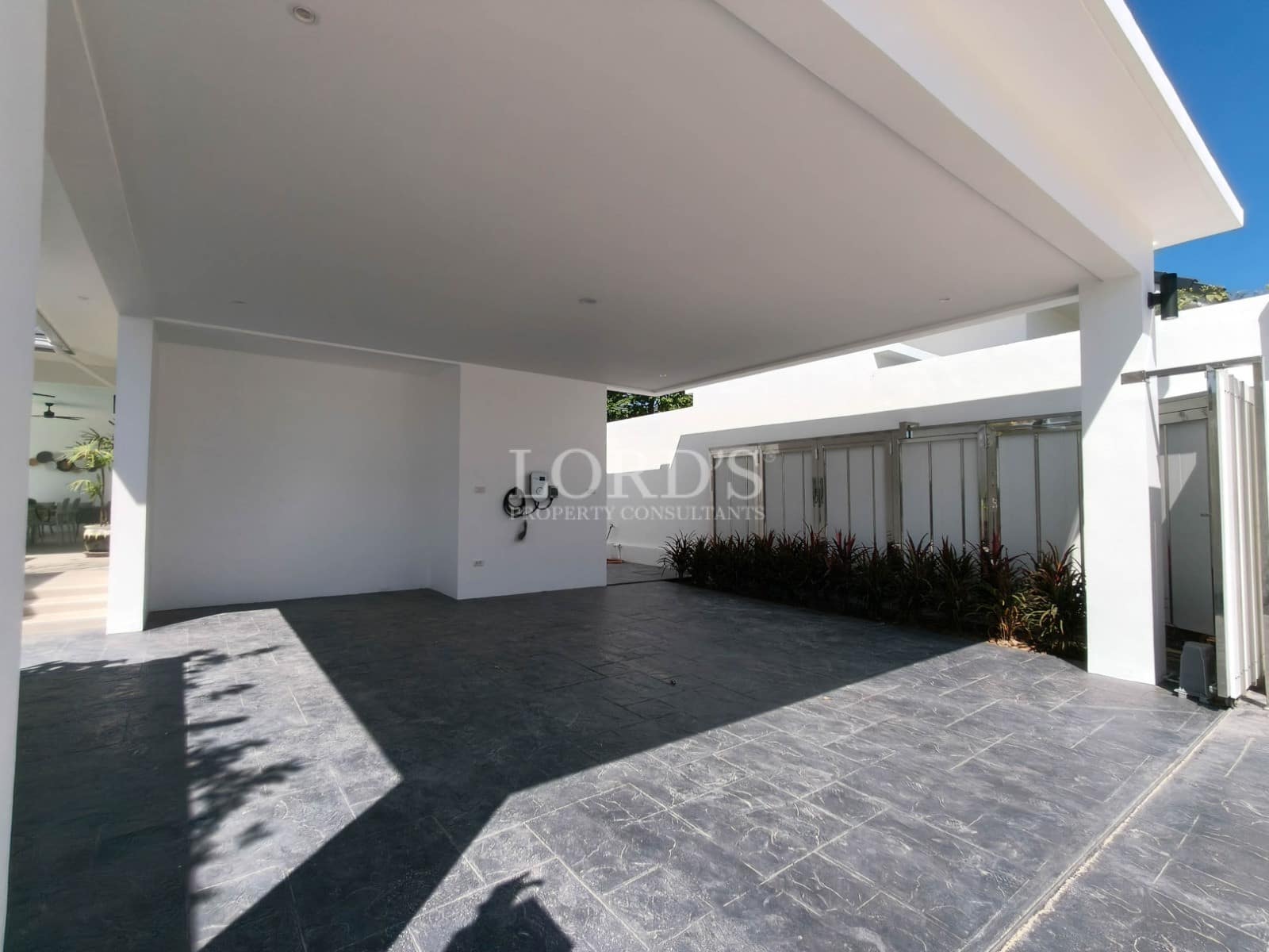 Modern open space with gray flooring