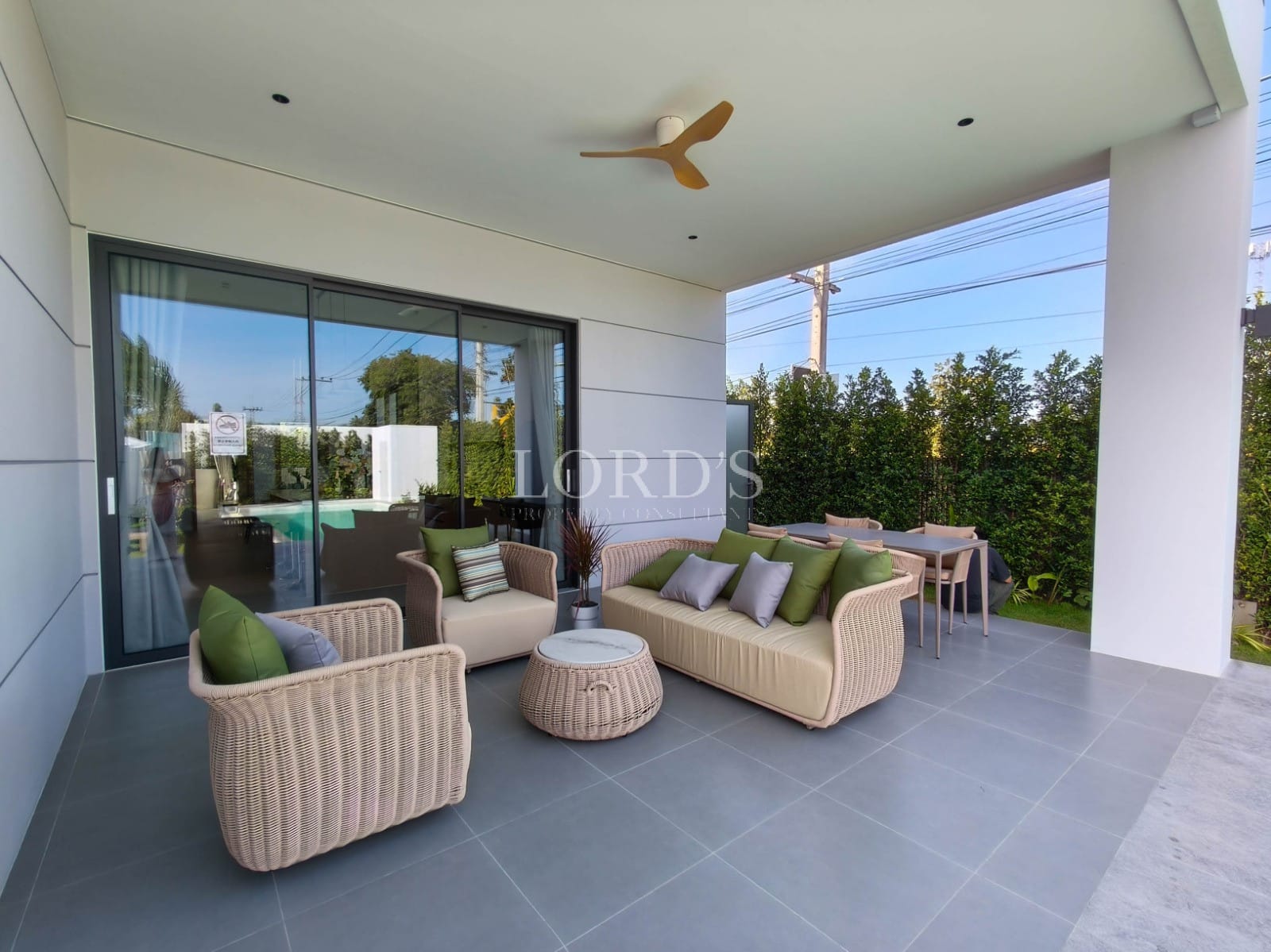 Modern patio with stylish furniture.