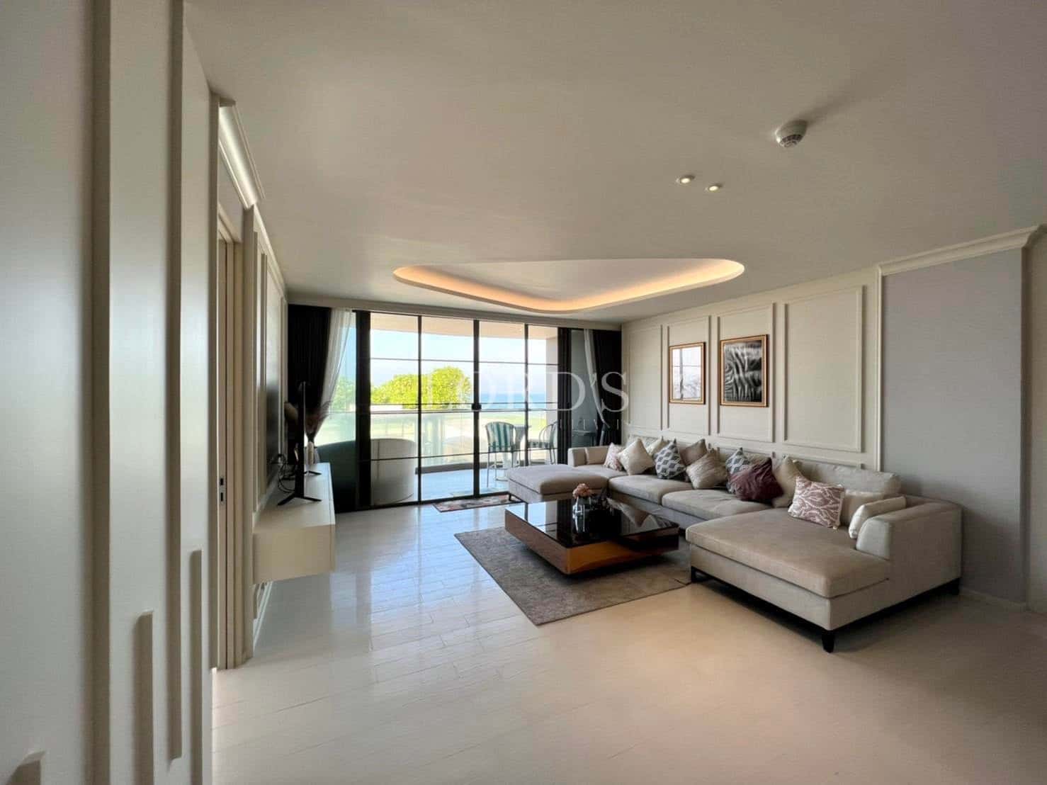 Modern living room with large windows