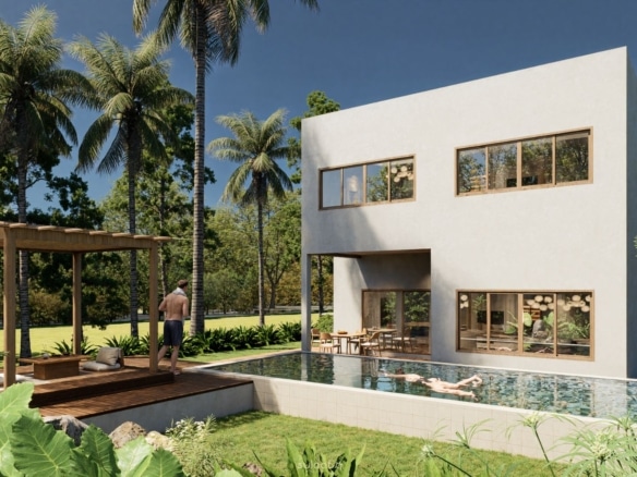 Modern two-story villa with private swimming pool, wooden pergola, and tropical landscaping