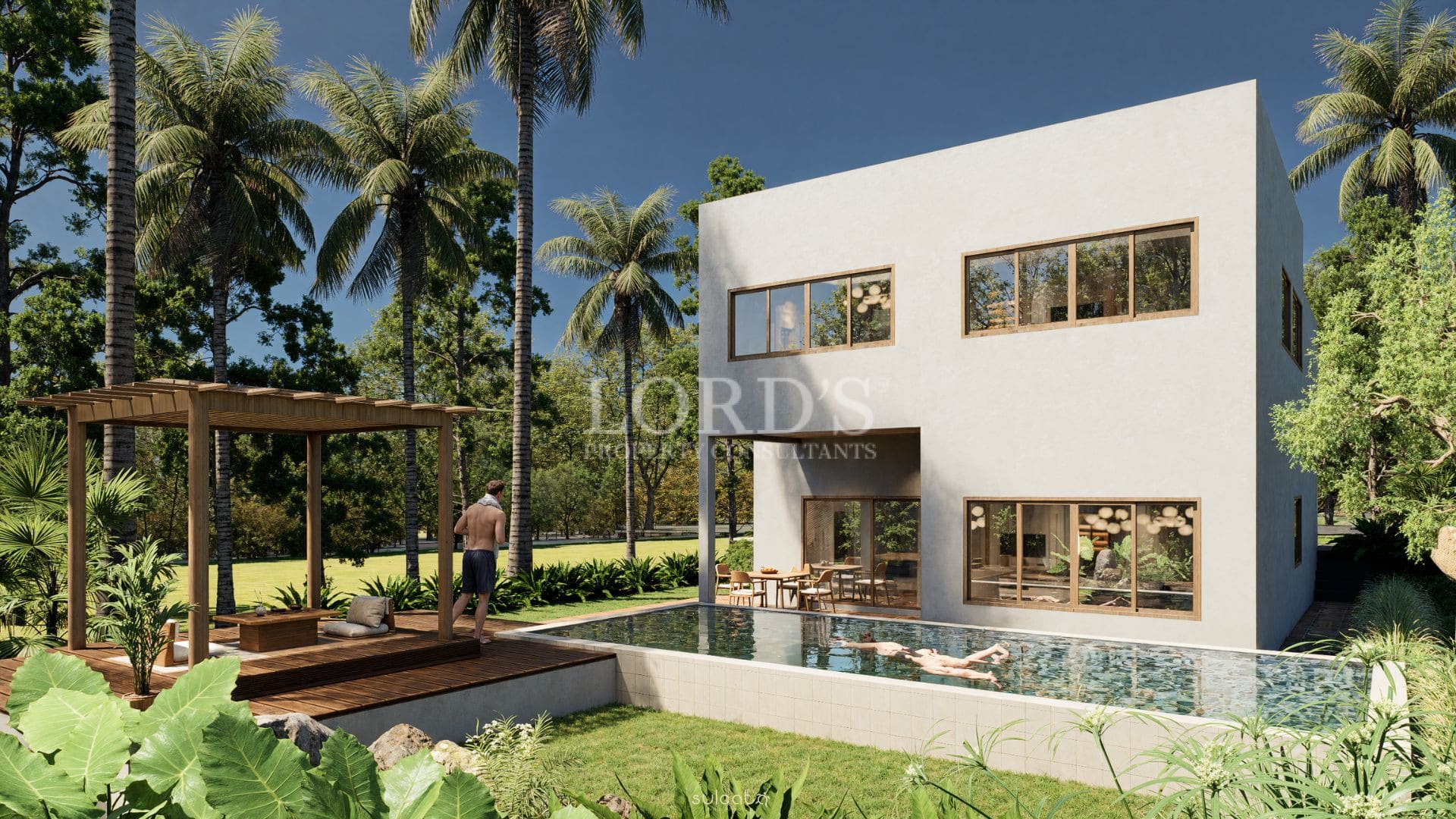 Modern two-story villa with private swimming pool, wooden pergola, and tropical landscaping