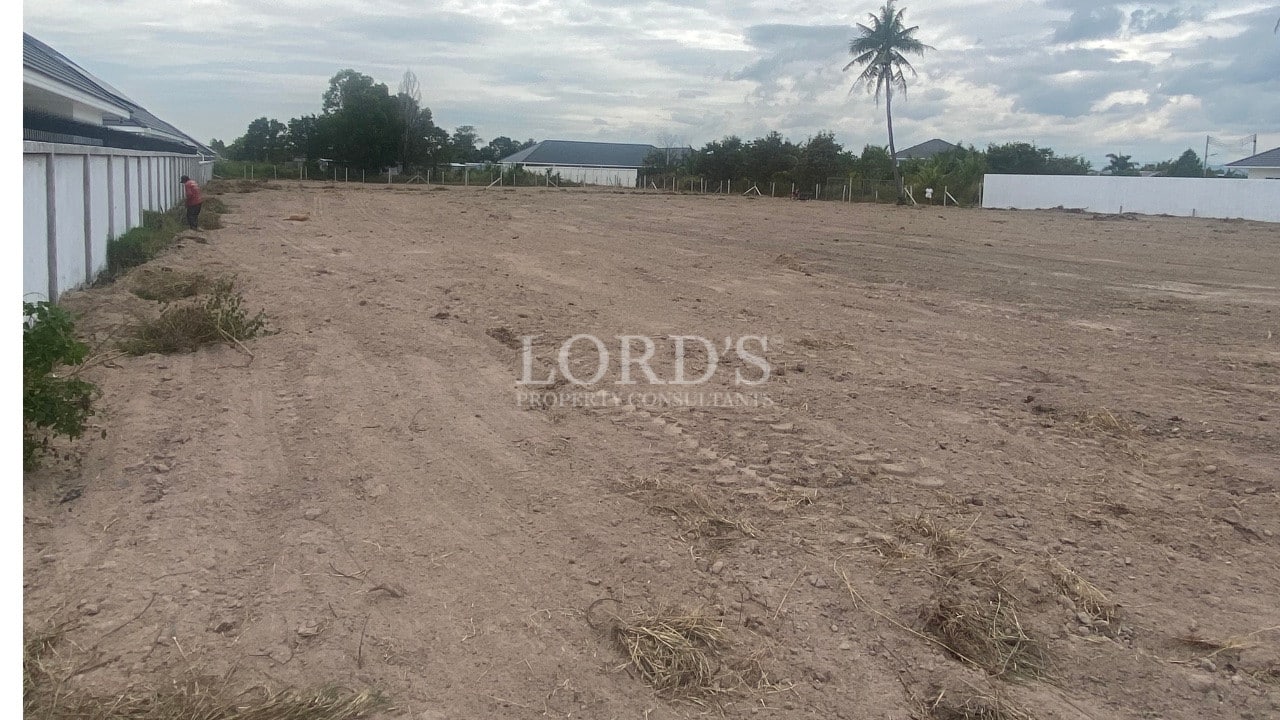 Large cleared land plot beside a white boundary wall with nearby residential houses and palm trees.