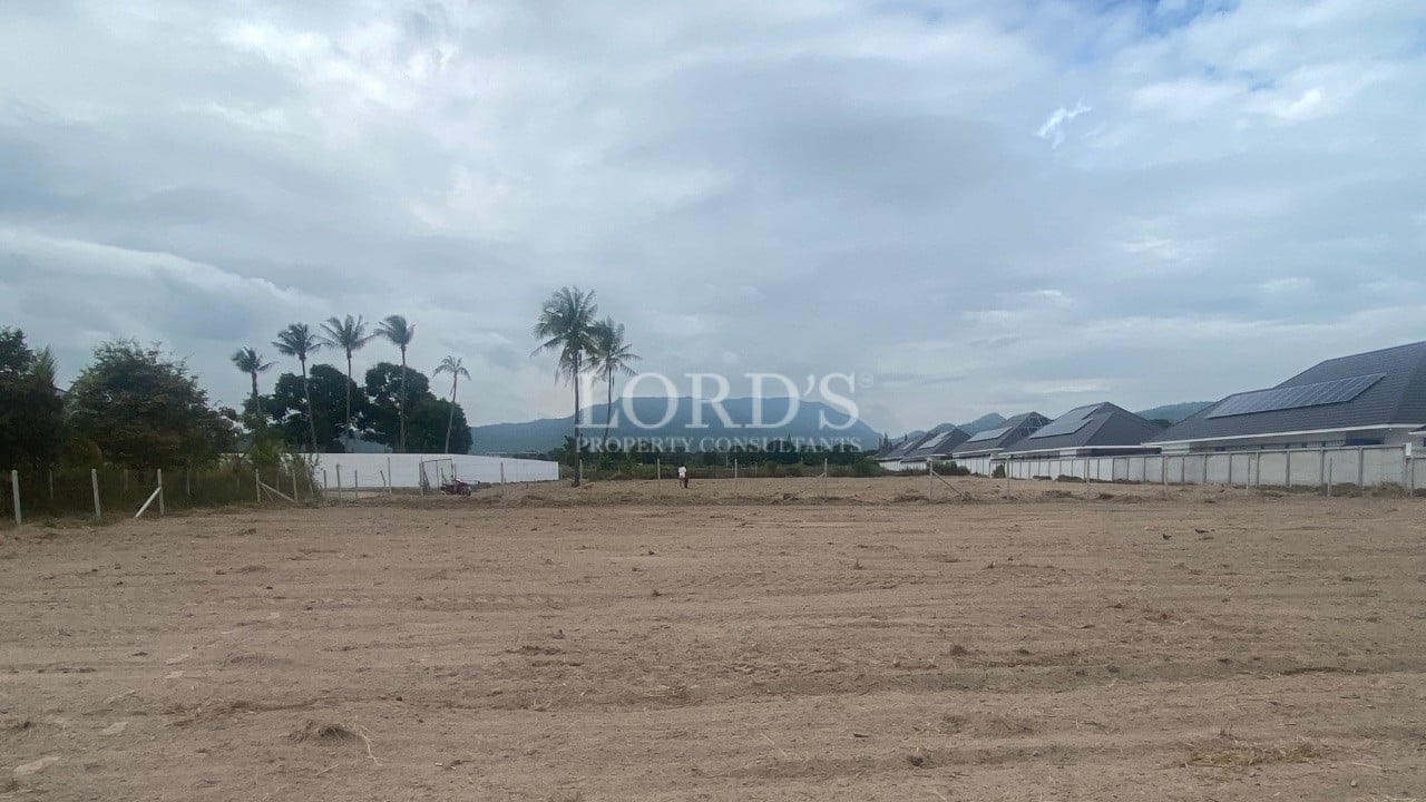 Large cleared land plot with palm trees, boundary fencing, and nearby residential houses.