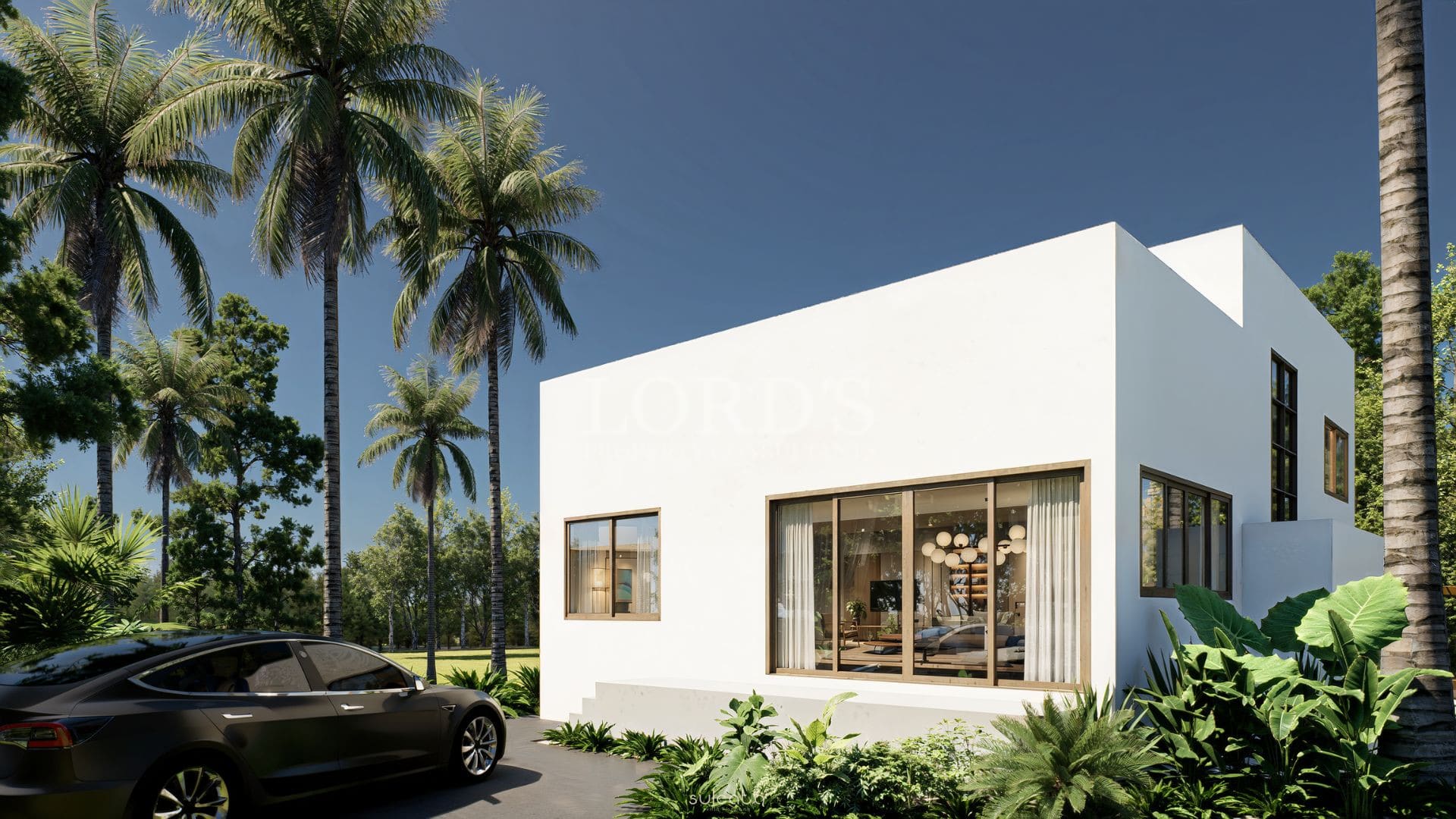 Modern white villa exterior with large glass windows, palm trees, and driveway parking