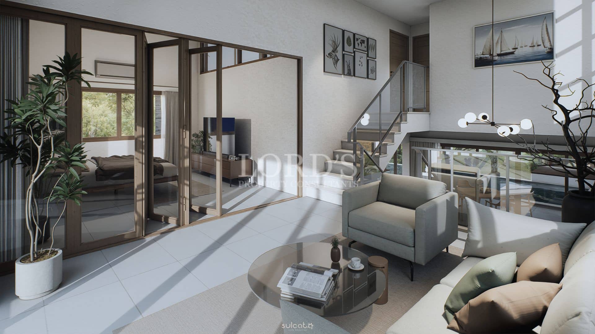 Modern open-plan living room with glass partition, staircase, and natural light