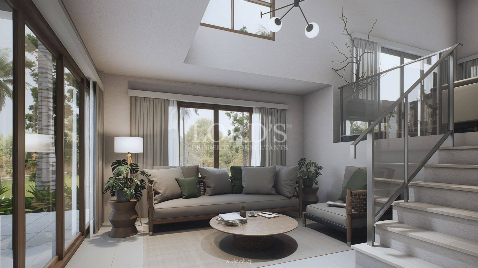 Modern living room with staircase, neutral sofa, indoor plants, and large glass windows