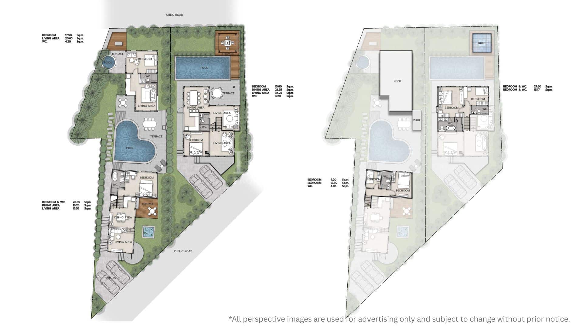 Luxury villa floor plan layout showing ground floor and upper floor with bedrooms, pools, terraces, and living areas
