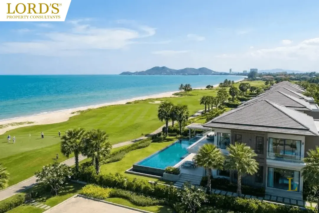 Luxury beachfront villa with private swimming pool overlooking a seaside golf course and ocean.